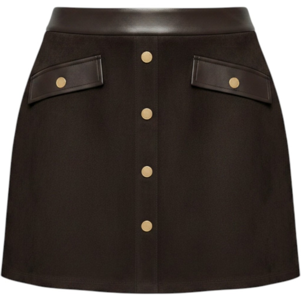 Marc New York Andrew Marc Faux Suede Leather Trim Mini Skirt Brown Gold Button M
